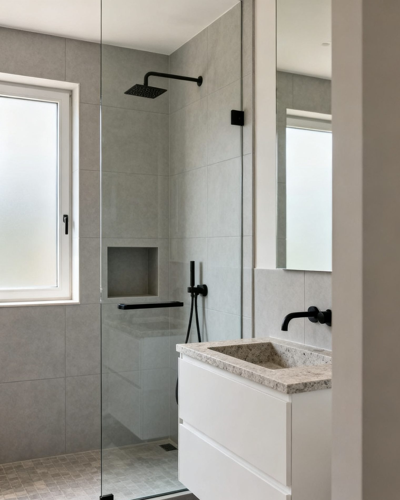 A renovated bathroom with a glass walk-in shower and a floating vanity