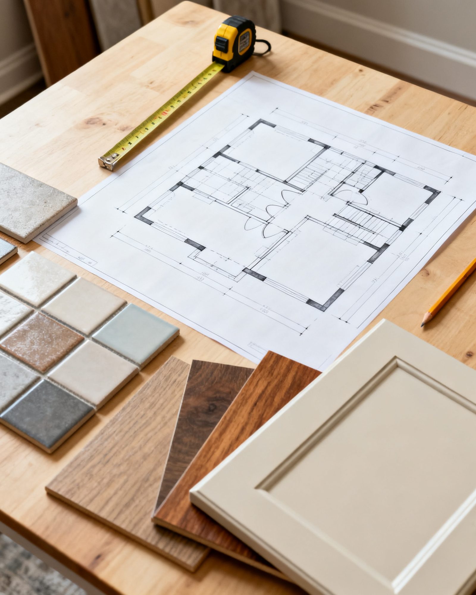 Floor plan drawings, a tape measure and material samples laid out on a table